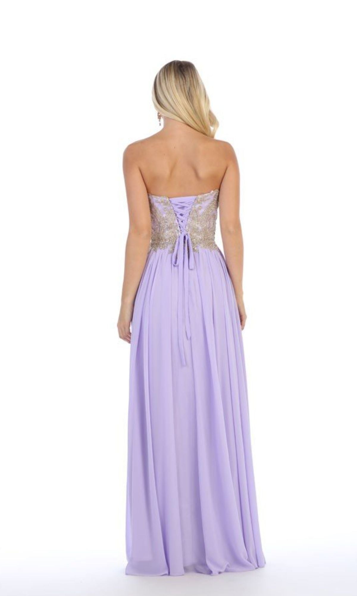 A woman faces away in the Chicas C0533 Lace-Up Strapless Long Prom Dress, featuring a gold-embroidered bodice and lace-up back, posing against a white background.